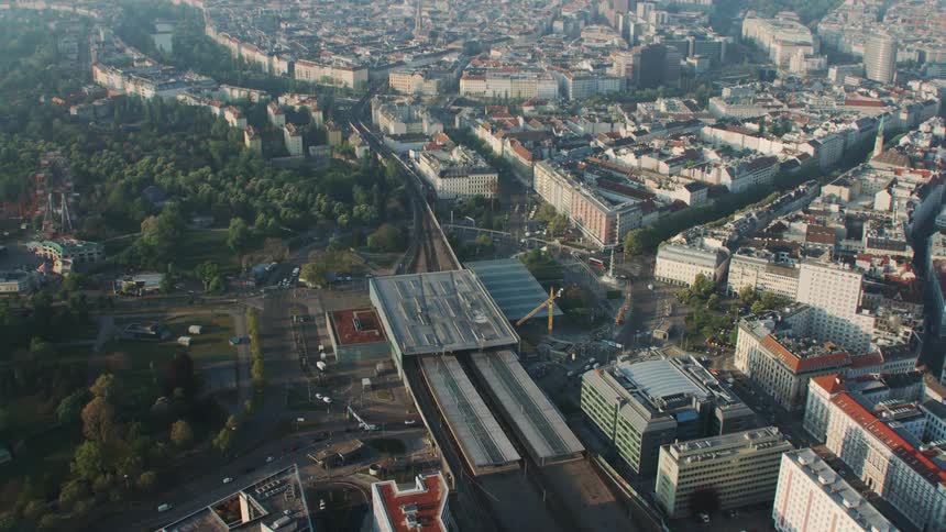 An aerial view of buildings in a large city