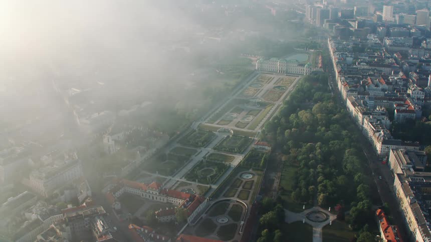 Aerial view of the upper belvedere and lower belvedere with the gardens