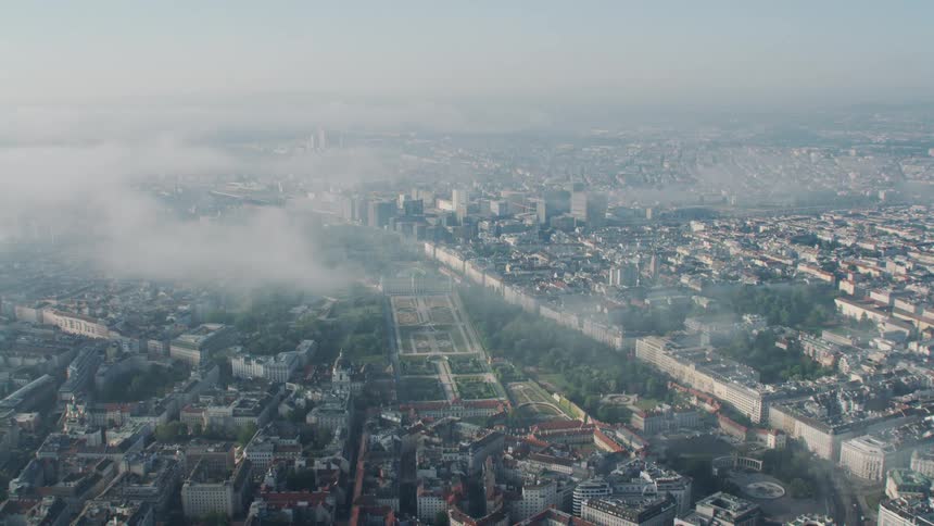 Aerial view of the upper belvedere and lower belvedere with the gardens in vienna