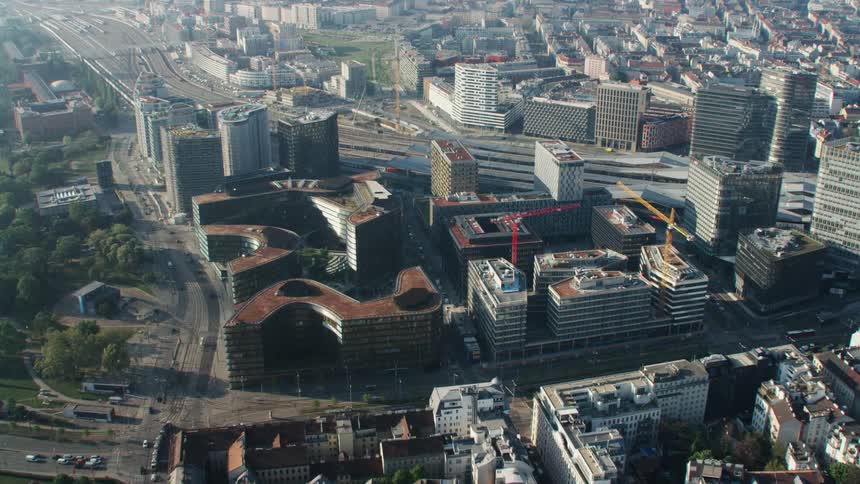 An aerial view of buildings in a large city