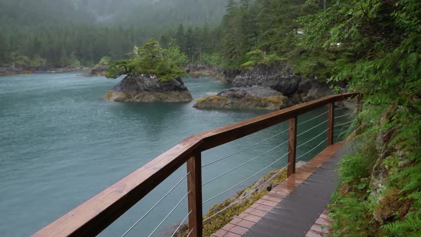 The waves are calm by the boardwalk