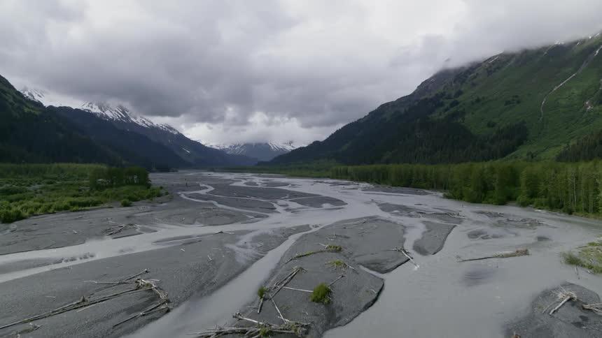 A river runs through lots of sandbanks with snow capped mountains in the background