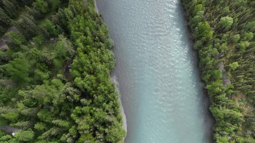 A pale blue river running through a forest