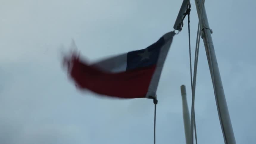 A tattered flag blows in the wind
