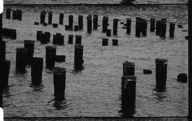 Waves in the water moving around posts