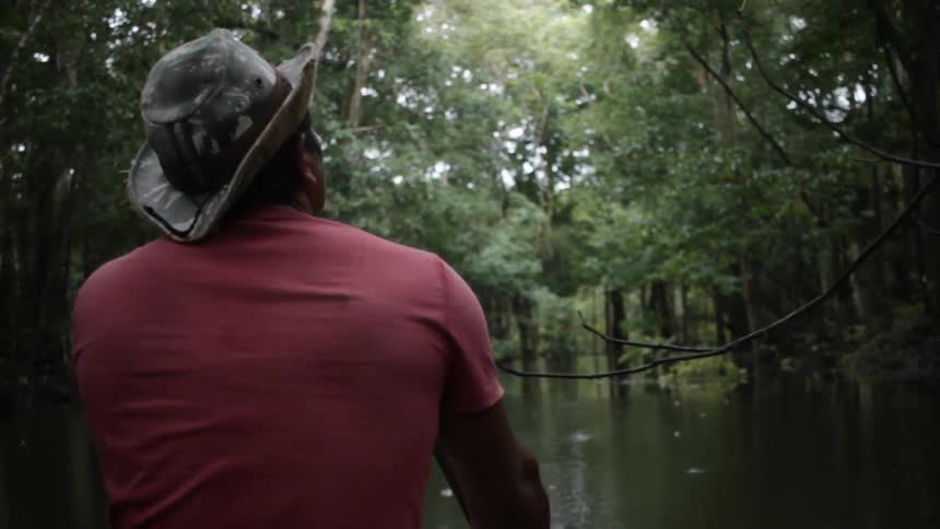 Man in boat paddles beside trees and branches