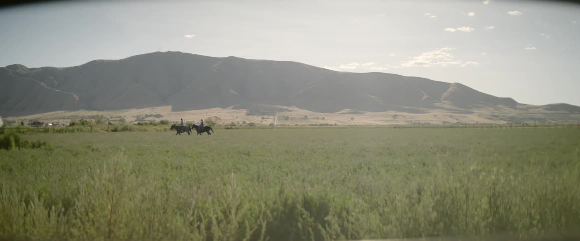 People riding horses in the distance on a field in the country