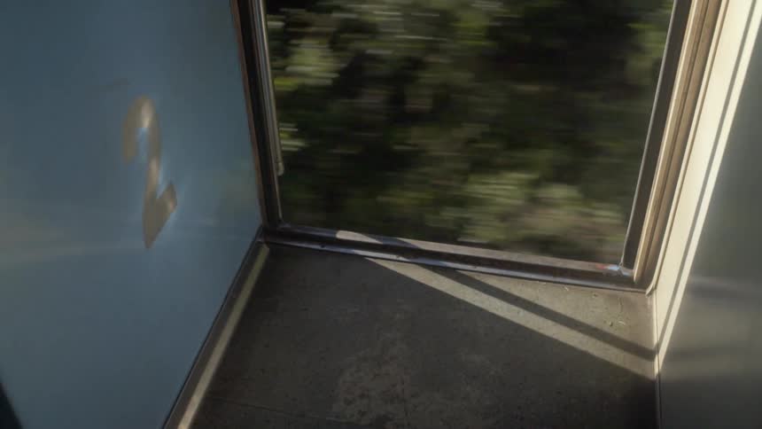Footage of grass outside of the door of a moving train