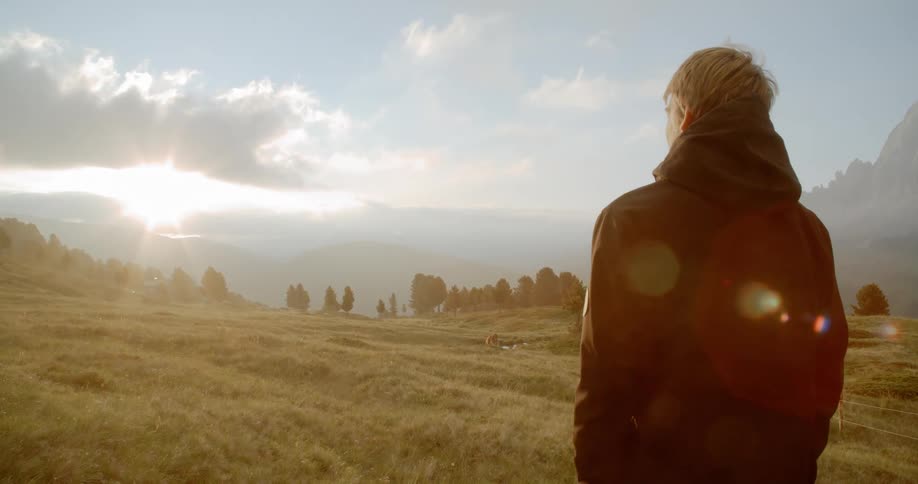 A boy looks across the pasture towards some cows