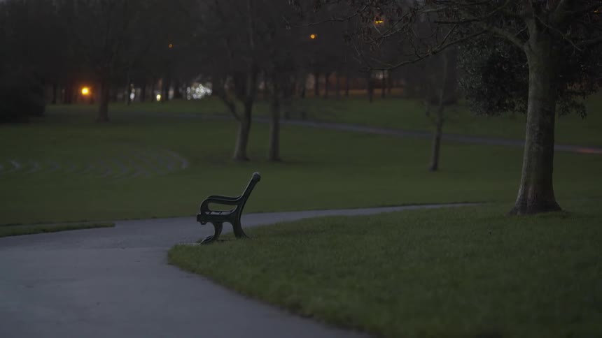 An empty park bench at dusk