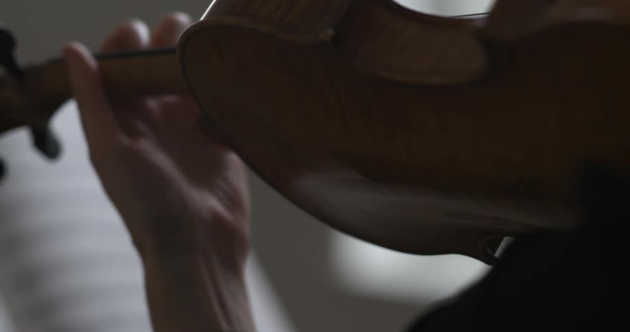 A person is playing a violin by some sheet music