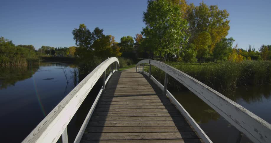 A bridge crosses a calm lake