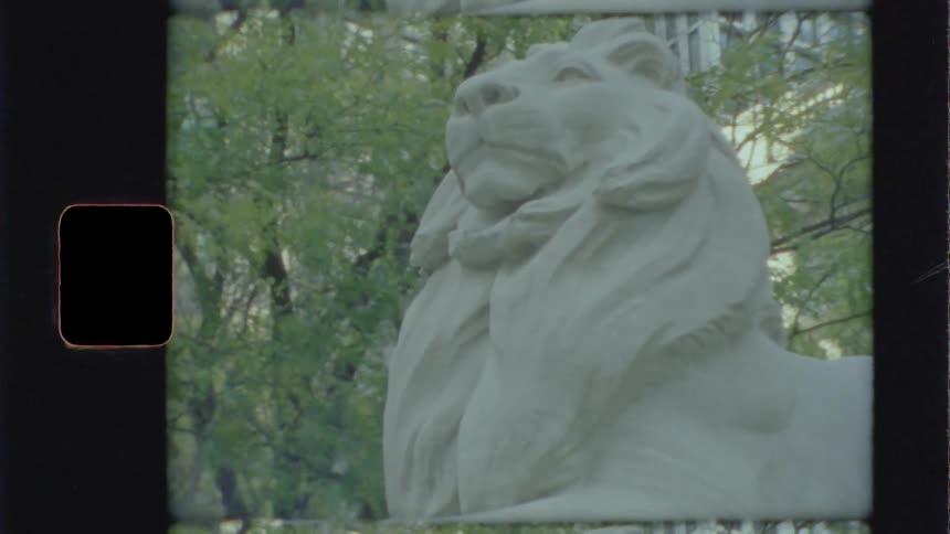 Statue of a white lion near a tree in the city