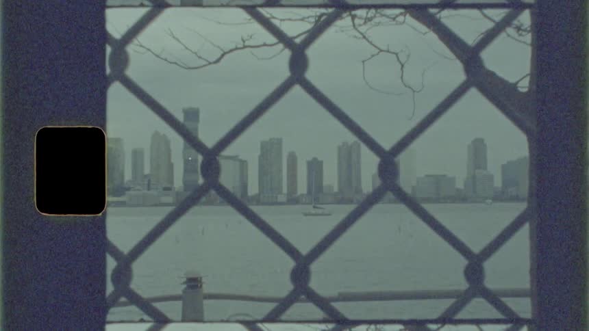 A city skyline is visible across an ocean and through a chain link fence