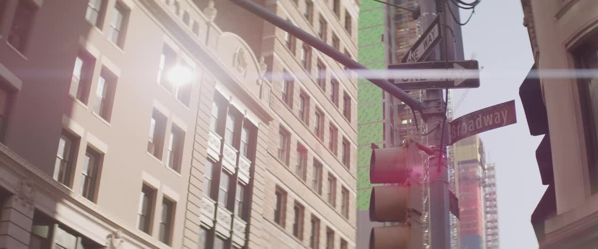 A bird flying around and landing on a traffic sign at an intersection in a city