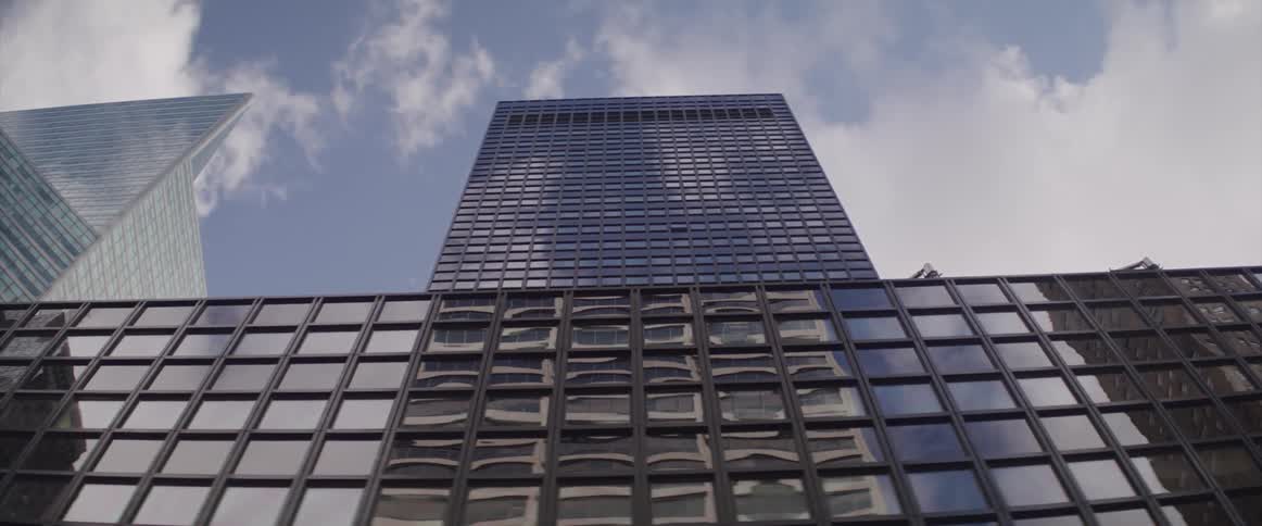 A bird flies above a tall mirrored skyscraper