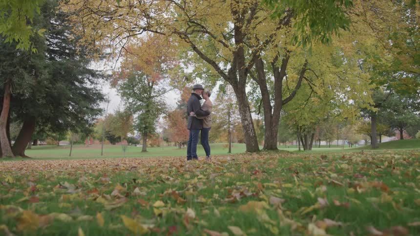 Male and female couple are embracing each other standing in the grass beneath the trees in the fall