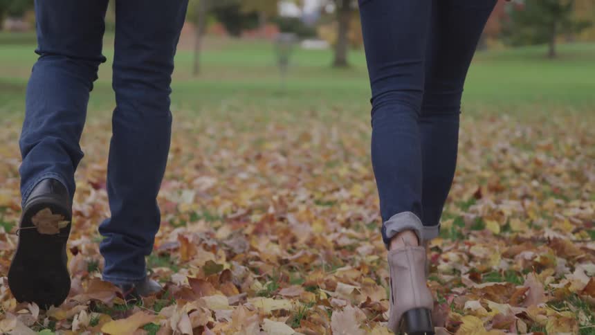 A man and woman walking through fallen leaves in a park
