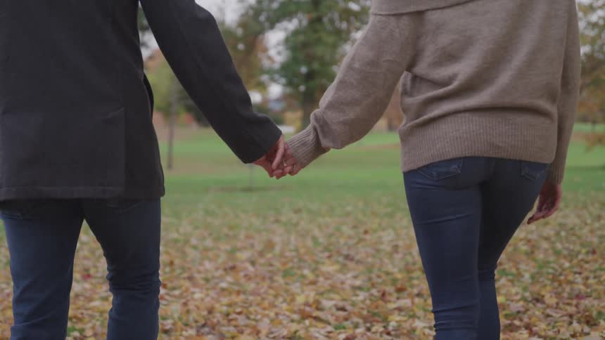 Man and woman holding hands walk on the dry leaves in the public park