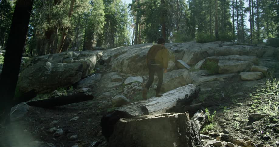 A man walks across a log heading towards rocks and trees in a forest