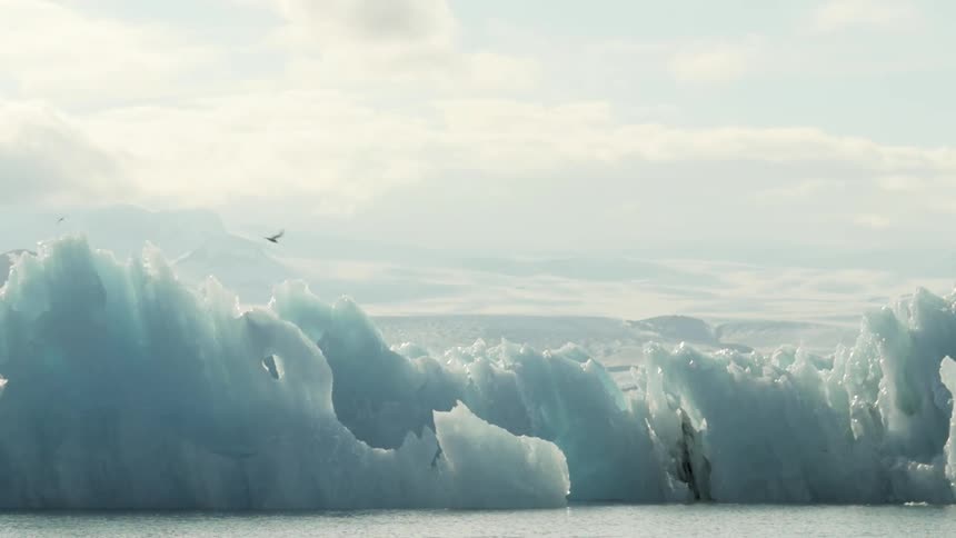 Birds fly over some icebergs on a cloudy day