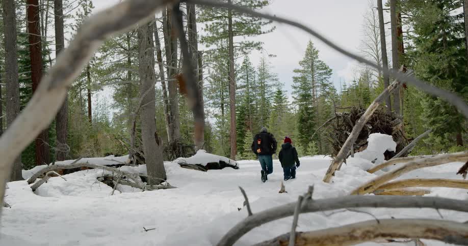 Father and son walking through snow covered forest