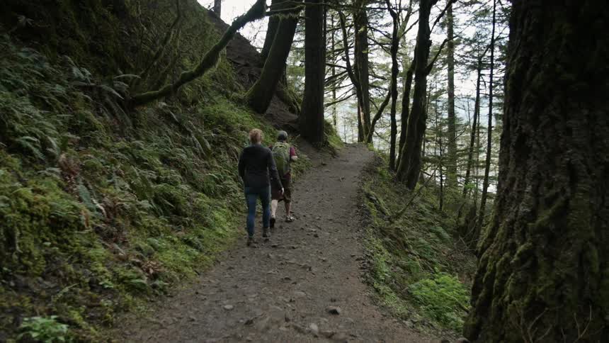 Two people walk down a wooded path