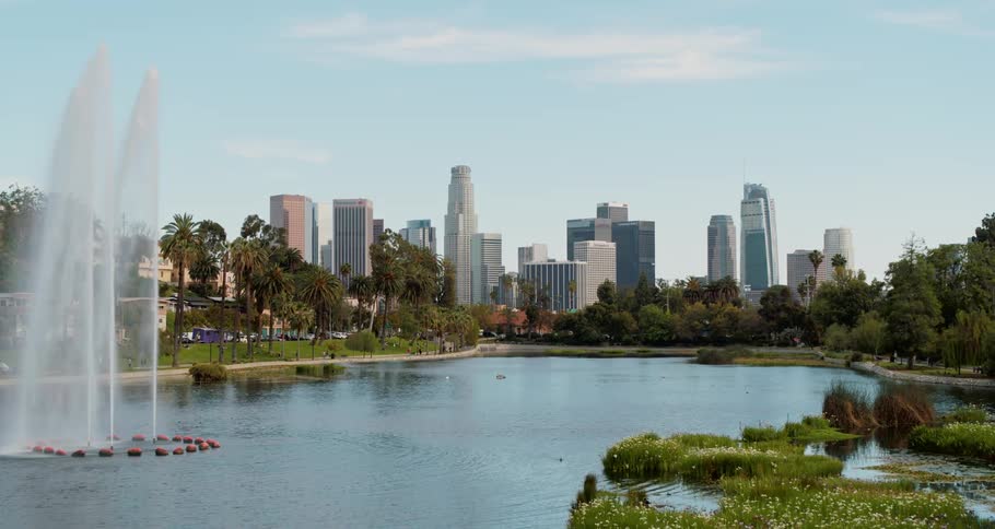 An aerial view of a skyline city is displayed