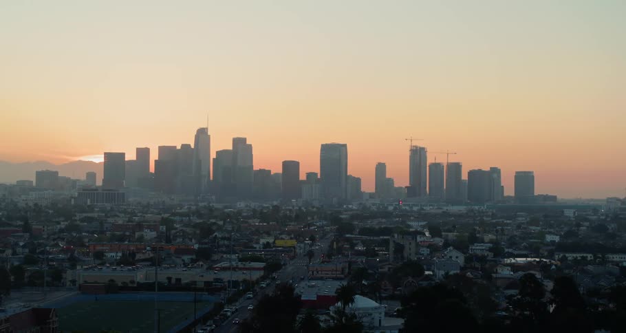 The city ahead is covered with a light haze