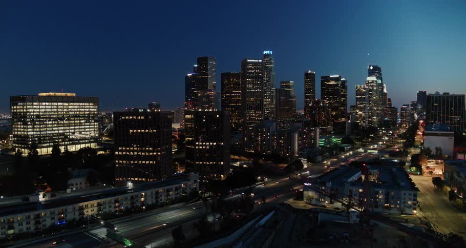 Aerial view of city skyline at night