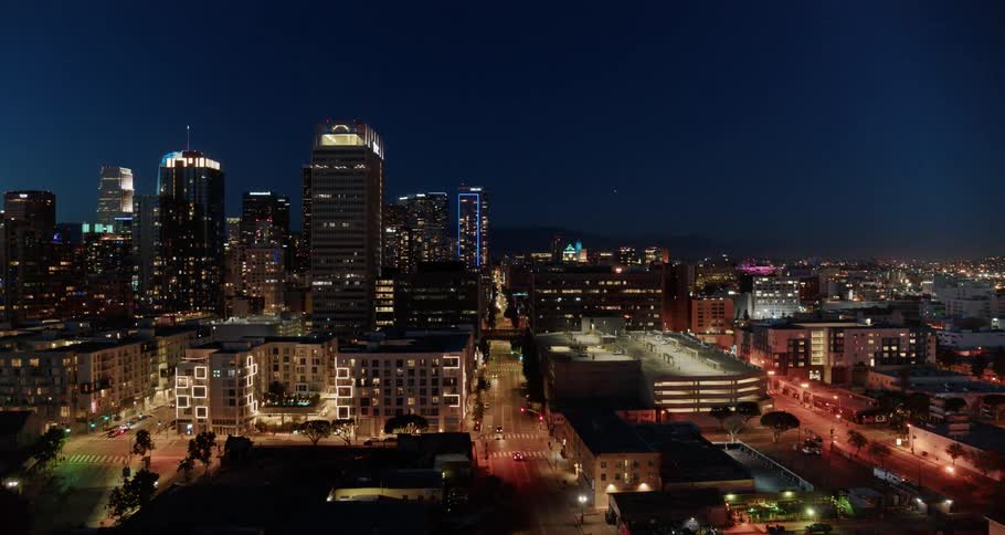 Aerial view of the illuminated high rise buildings at night