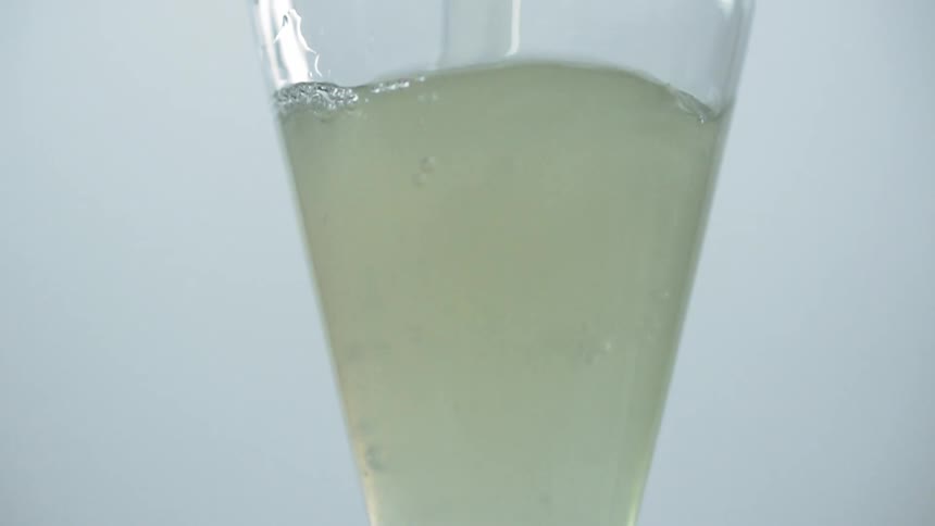 A tulip shaped cocktail glass is filled
