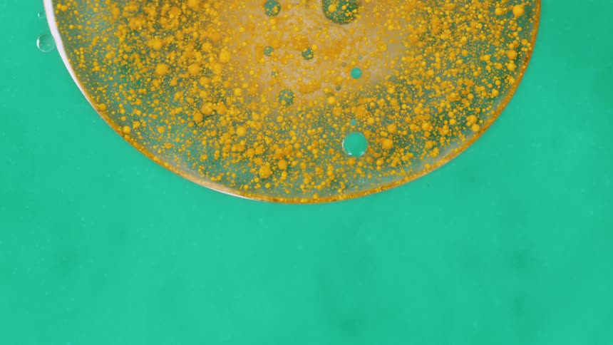 An orange semicircle with orange blobs floats on a green surface