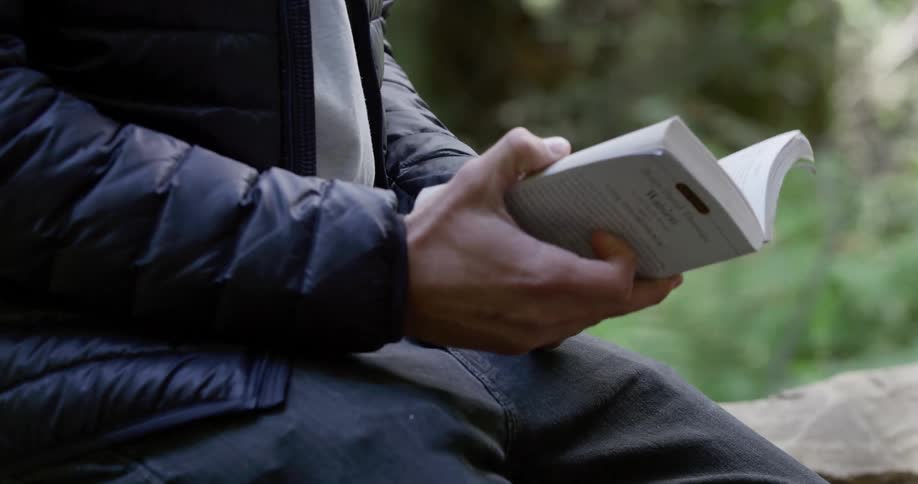 Close up of person holding paper back book then begins reading