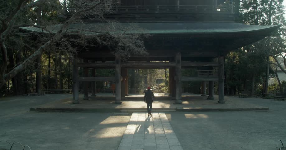 A man is walking through a public park