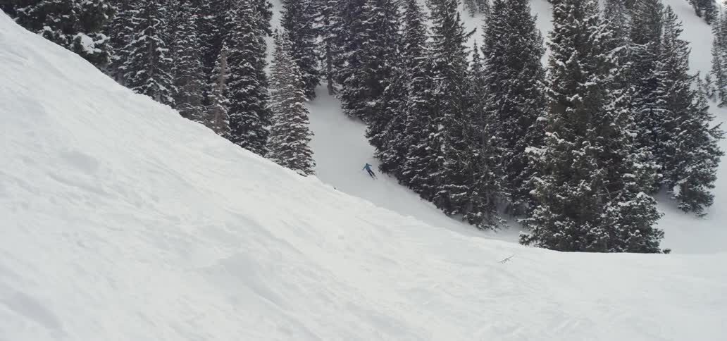 Two skiers ski down a slope through a forest