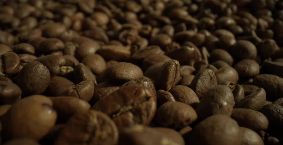 Coffee beans fall into a pile of other coffee beans
