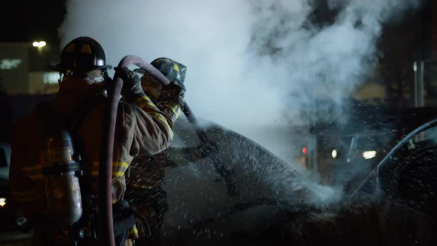 Firemen spraying water on a burning car