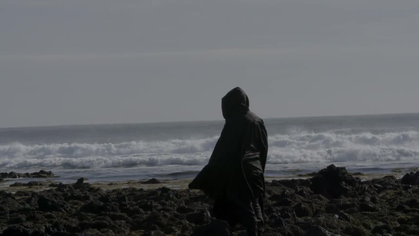 A person wearing black robes is standing on the rocks by the shore