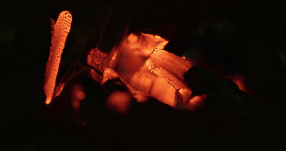 Burning coals on a campfire at night
