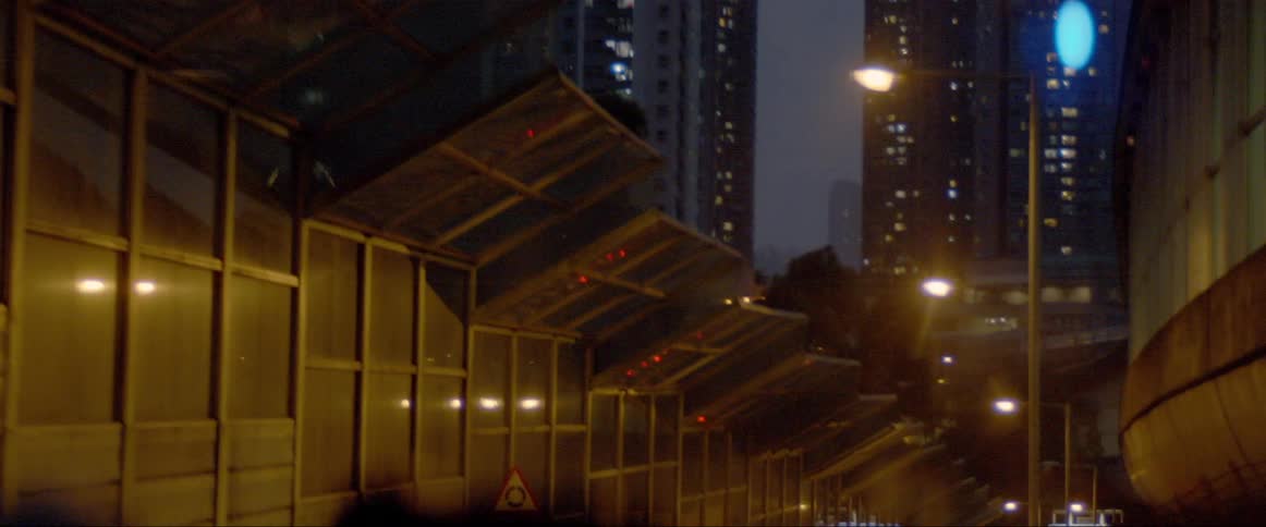 A downtown area is displayed at night