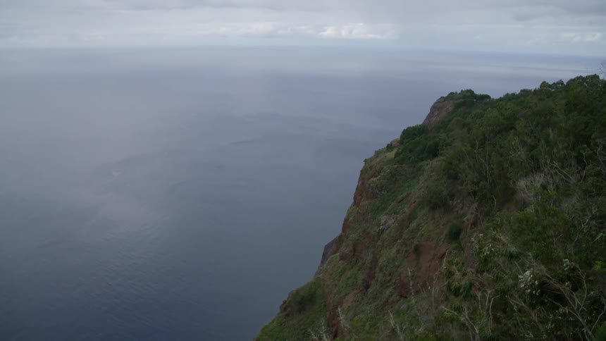 Vegetation covered promontory slopes down toward grayish blue ocean