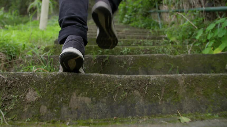 A person walks up a rural outdoor staircase beside a fence