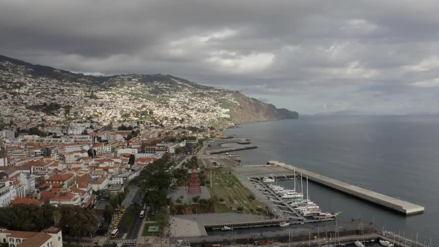 Aerial shot of a coastal city