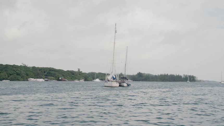 Boats sailing off the coast of a landmass covered in dense forest