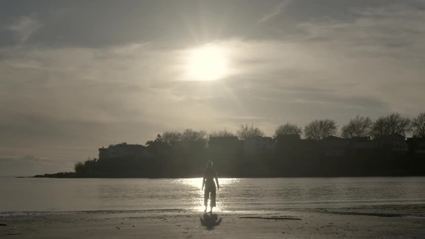 A person is walking along the shore at sunset