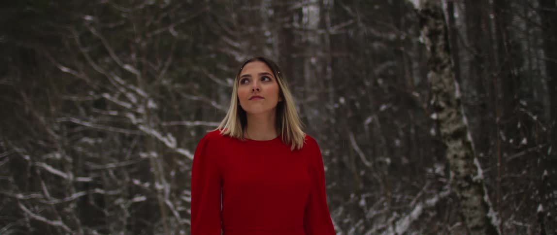 A woman in a red dress stands outside in the snow