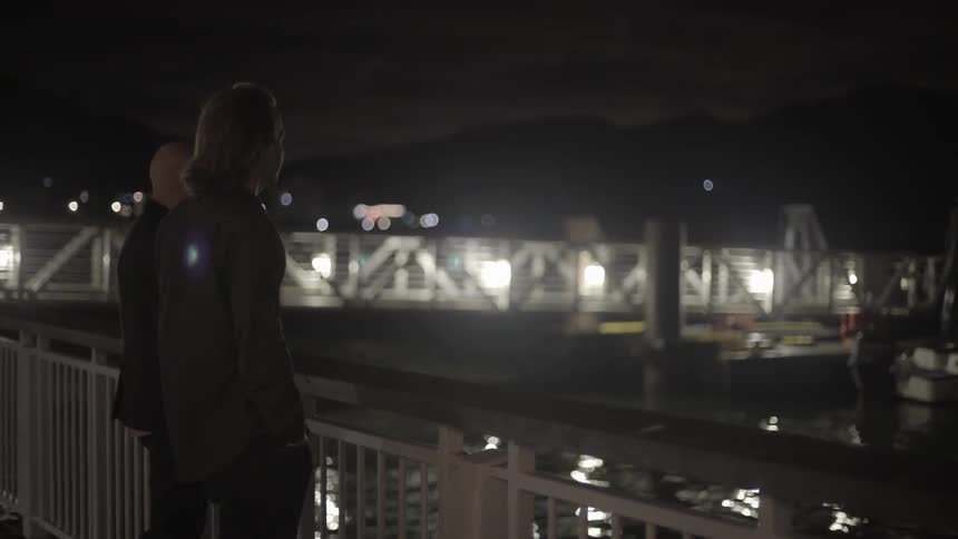 Two men standing on pier at night overlooking water with calm mood.