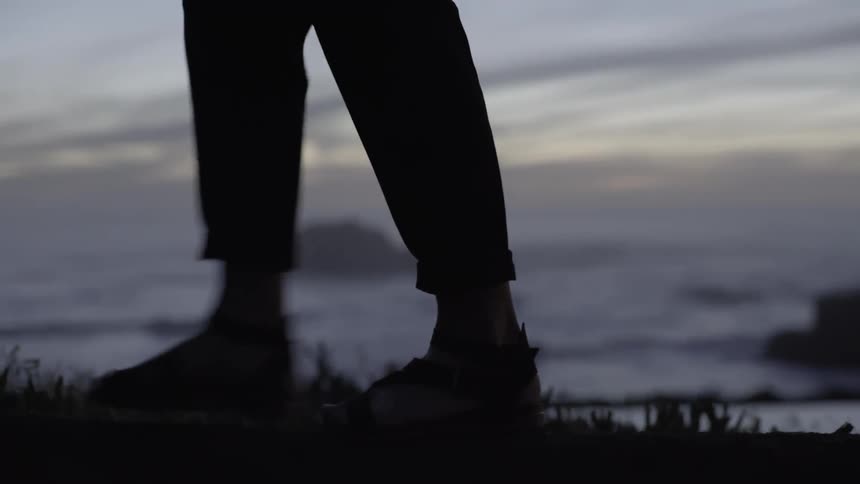 A woman walking on a log near the ocean