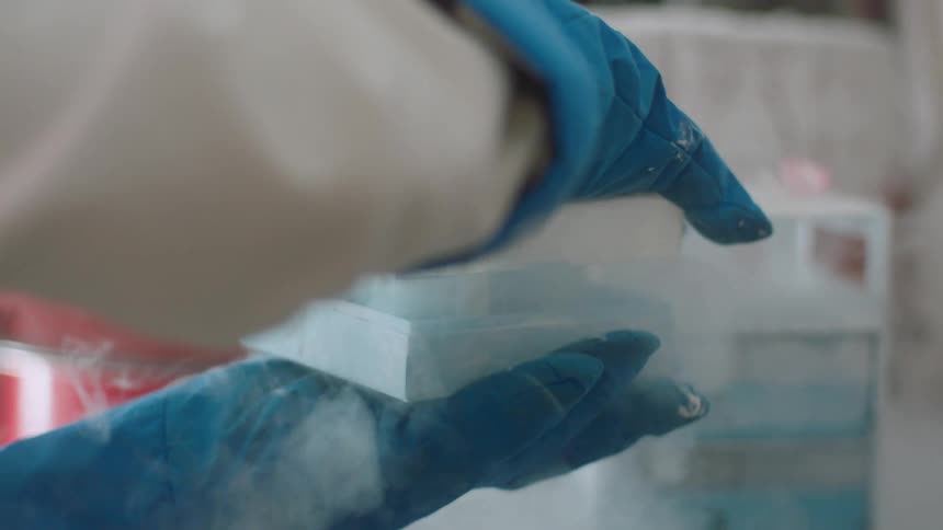 A woman in a lab takes a lid off a container while steam escapes